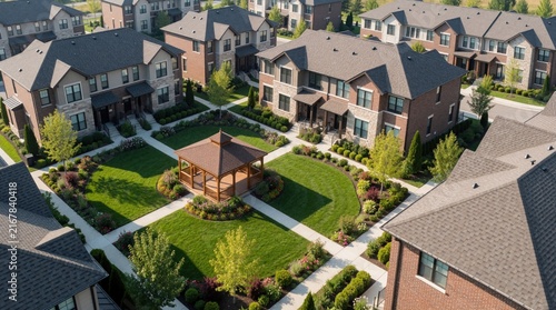 Bird view of modular homes enclave with garden, gazebo. Sunny day, fence pavilion center. Traditionally architectural complex, stone cladding, dark roof.