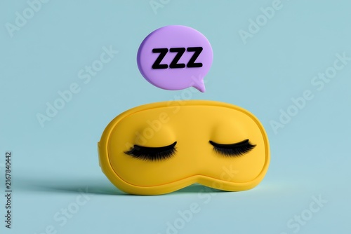 A yellow sleeping mask with false eyelashes sits isolated on a blue background with a zzz speech bubble. Perfect for sleep, insomnia, or relaxation concepts.