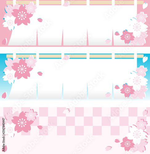 桜　春　お花見　和風　和柄　バナー　飾り　背景　イラスト　市松模様　フレーム　壁紙　デザイン素材