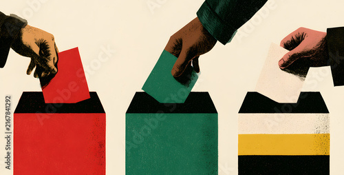 Divided voters election day vote and voting rights concept casting ballots at a polling station as a democratic right in Brazil election