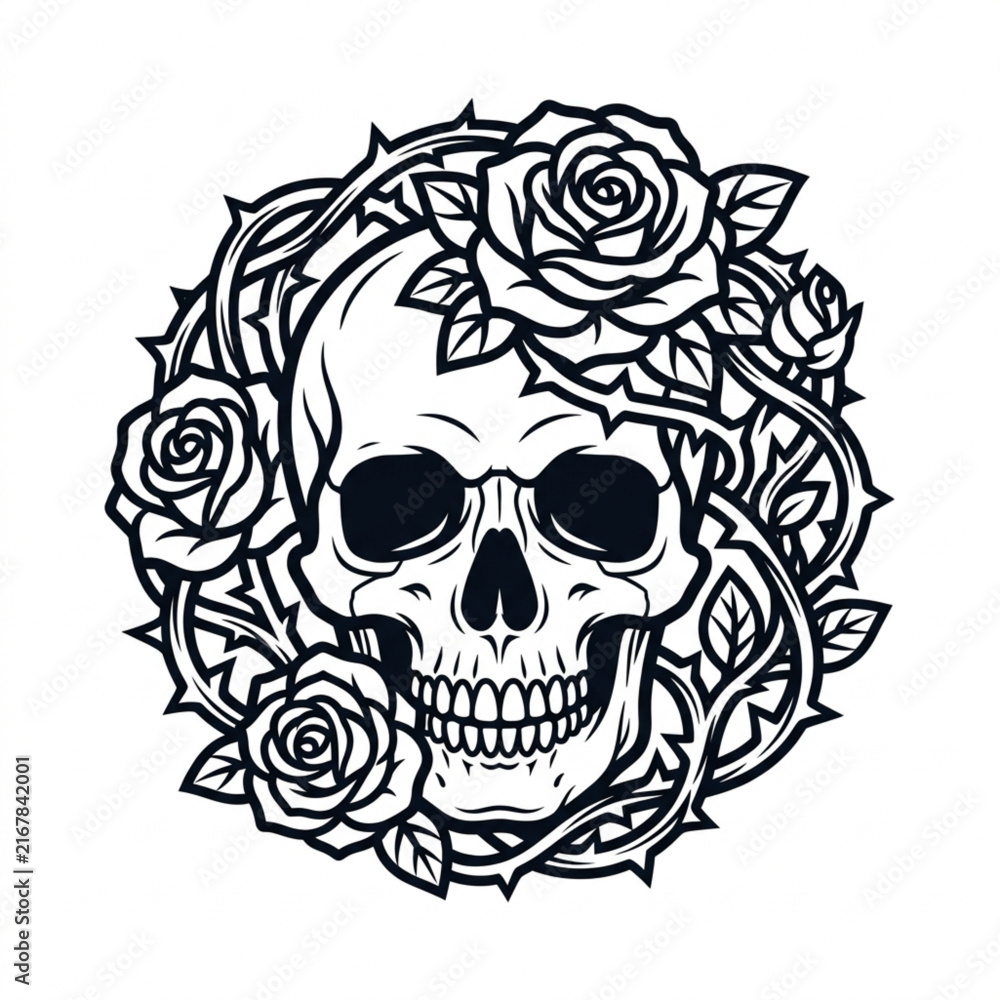 Fototapeta premium Skull and Roses Tattoo Design Illustration.