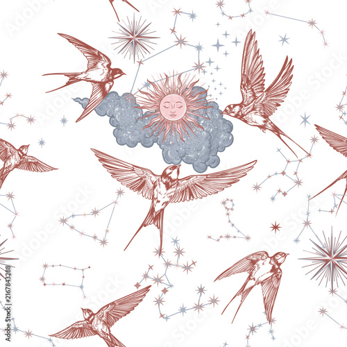 Vintage Hand Drawn Swallows in Flight pattern with zodiac signs. Engraving Style Bird Illustration