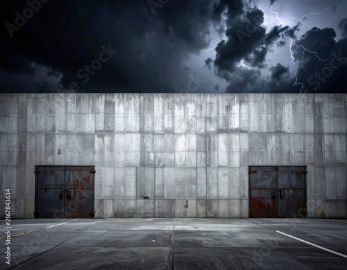 Abandoned industrial building with dark sky.
