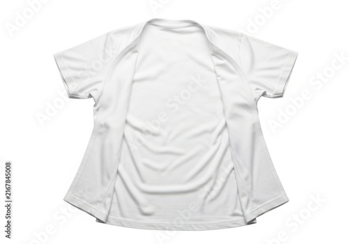 A crisp white t-shirt laid out on a plain background