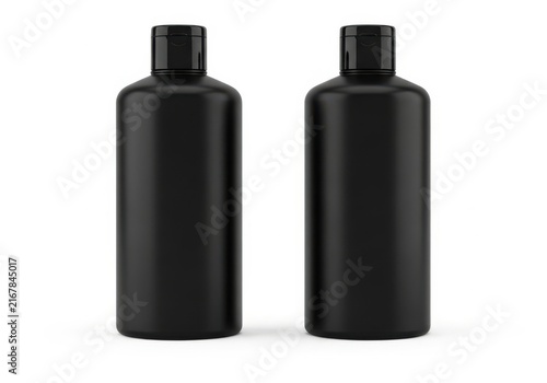 Two black bottles are placed side by side on a white background for cosmetic product