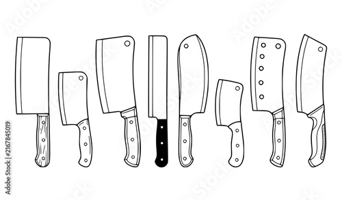 Bild auf Leinwand Collection of kitchen cleavers, chopping knives and butcher knives in black and