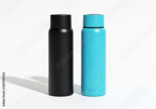 Two insulated water bottles in black and blue colors for hot and cold beverages
