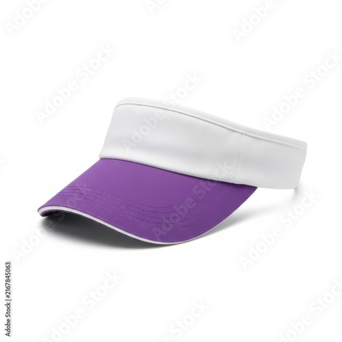 A visor sun hat with a purple brim and white top for sports and outdoor activities