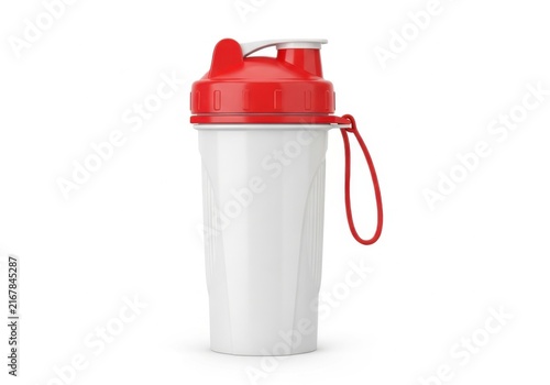 A shaker bottle with red lid and handle for easy carrying