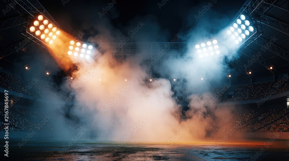 Fototapeta premium Stadium floodlights illuminate smoky atmosphere over empty sports field. Orange and blue lights create dramatic mood, perfect for event backgrounds or futuristic themes.