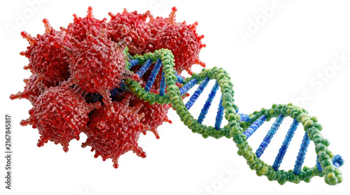 Obraz na płótnie 3D Render of Virus Cells Infecting DNA Strand with Red Spheres and Blue Helix