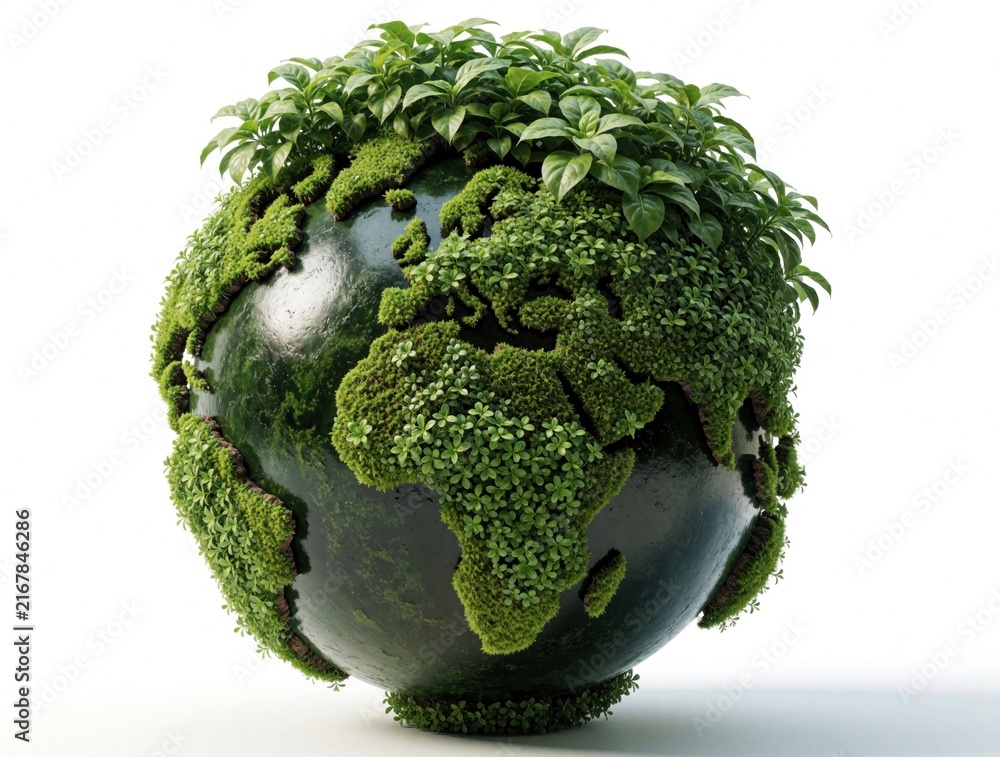 Naklejka premium Green plant life covers globe sphere on white background. Small leaves, moss form world continents to show eco concept. Earth terrarium represents nature conservation, biodiversity, global warming