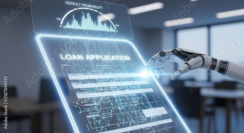 Future of finance Robotic arm processes a digital loan application on a glowing holographic screen, demonstrating advanced AI in automated banking and data analysis