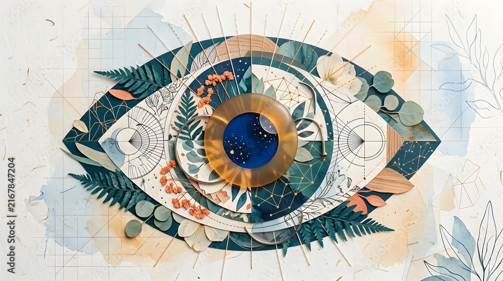 Fototapeta premium Artistic human eye illustration with botanical floral elements and abstract watercolor style
