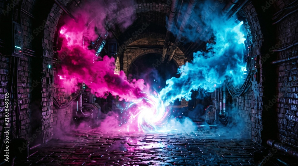 Obraz premium Tunnel passageway illuminates with vibrant pink and blue swirling smoke clouds that create a mysterious and cinematic atmosphere within the dark brick underground architecture.