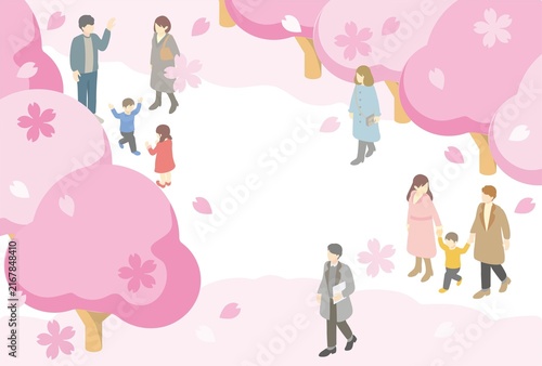 春　桜　お花見　人物　家族　子ども　風景　アイソメトリック　イラスト　バナー　フレーム　背景　素材