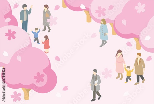 春　桜　お花見　人物　家族　子ども　風景　アイソメトリック　イラスト　バナー　フレーム　背景　素材