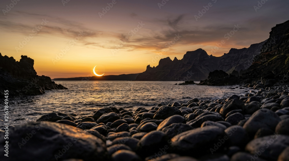 Obraz premium Crescent solar eclipse rises above ocean coast with dark rocky shore and dramatic mountain cliffs for astronomical background.