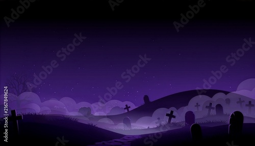 霧深い夜の墓地と十字架、紫色のダークな夜空を描いたミステリアスな背景　Mysterious Background Depicting a Foggy Night Cemetery, Crosses, and Purple Dark Night Sky