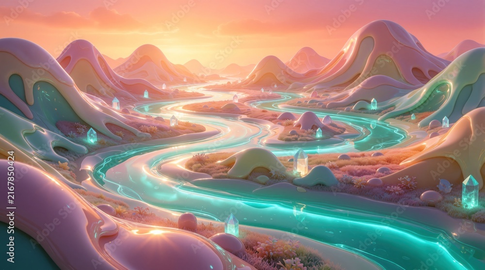 Fototapeta premium Whimsical pastel landscape features glowing turquoise rivers winding through soft rolling hills. Crystal formations dot the terrain under a warm sunset sky, creating a surreal candy dreamscape.