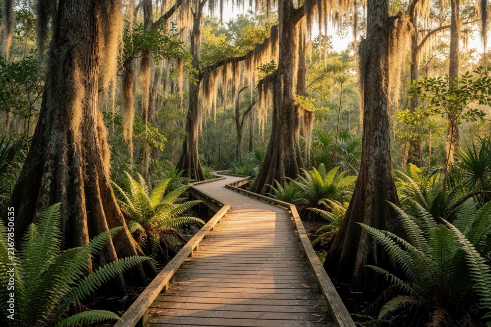 Naklejka premium Wooden boardwalk winds through sunlit cypress swamp with Spanish moss draped trees. Lush ferns border path in wild Florida wetland teeming with life and natural beauty.
