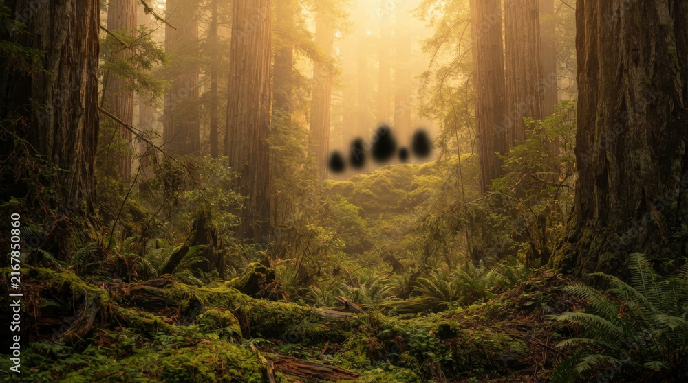 Obraz premium Mysterious dark shapes float among ancient redwood forest ferns in morning light suitable for fantasy and supernatural storytelling.