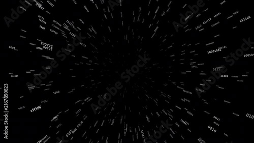 Abstract 4K animation of white binary numbers flying outward through a dark digital warp tunnel from a central vanishing point. Ideal for technology, coding, cybersecurity, and artificial intelligence