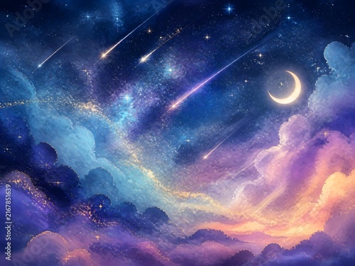 surreal fantasy Soft dreamy night sky with shooting stars, glowing starsand clouds