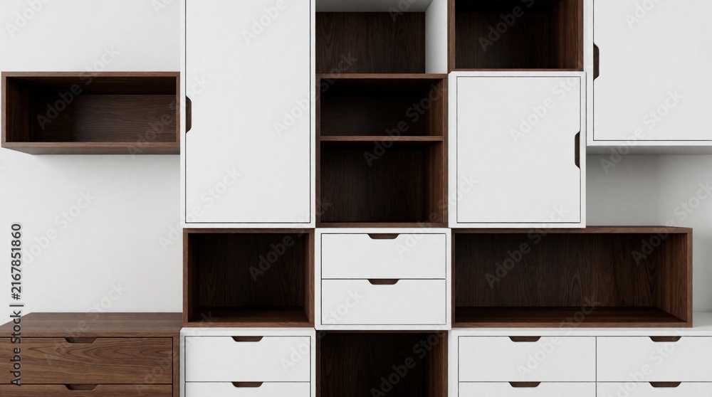 Naklejka premium Modern wall unit with white doors, dark walnut wood finish. Modular storage system features open shelves, drawers, closed cabinets. Minimalist furniture design for home office living room