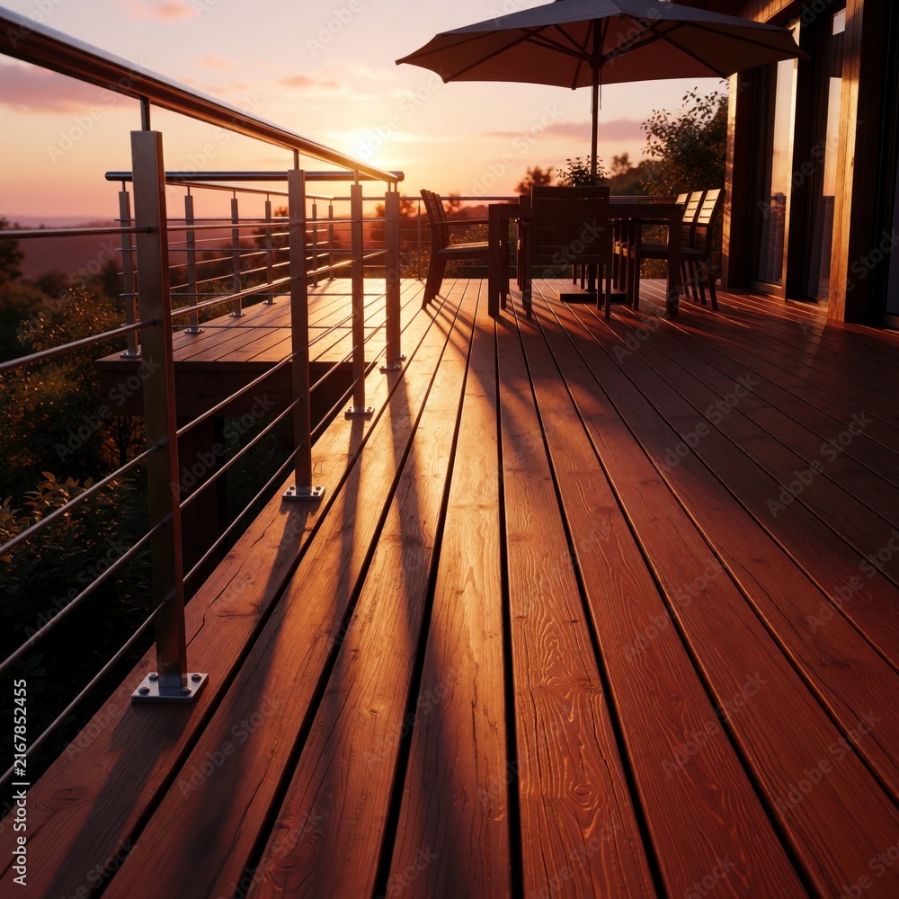 Fototapeta premium Wooden deck with table chairs and umbrella overlooking sunset ocean view. Outdoor patio balcony setting, evening light casts long shadows. Modern exterior architectural detail.