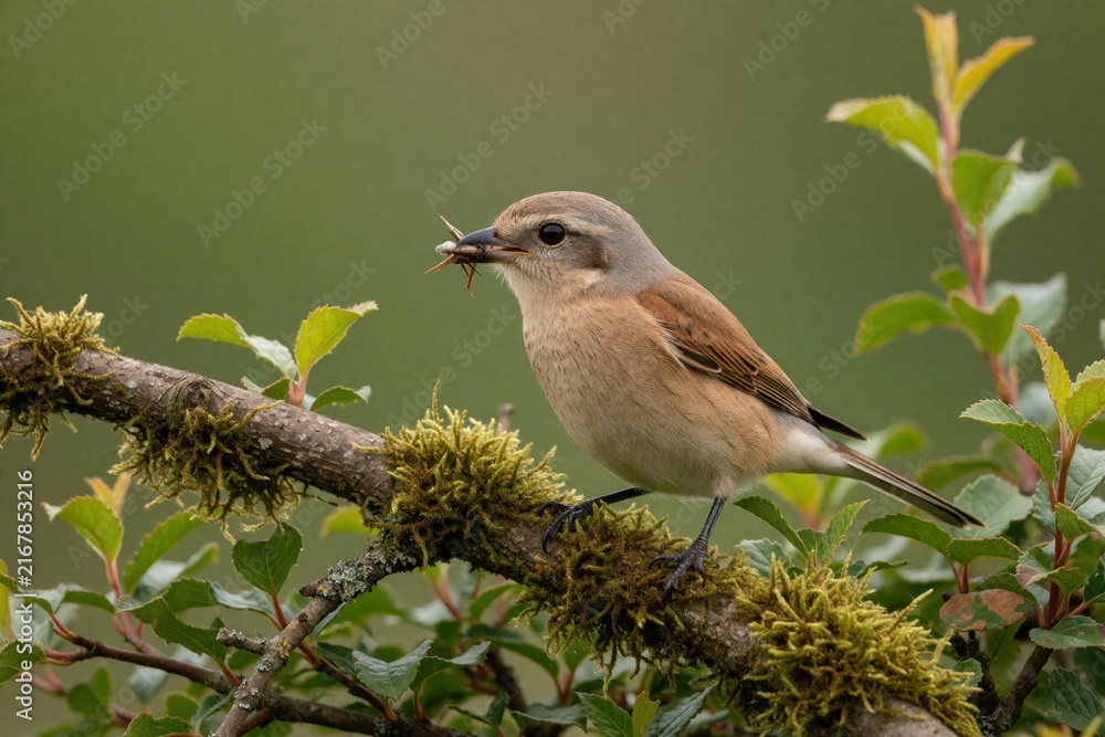 Naklejka premium Female red backed shrike bird sits on a mossy branch holding insect prey in its beak. It watches its surroundings from a natural woodland habitat. Beautiful wildlife photography detail.