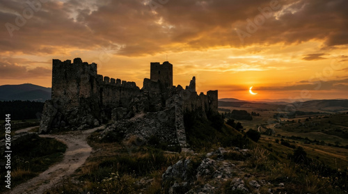 Ancient stone castle ruins silhouetted against glowing golden sunset sky with rare solar eclipse over rolling hills.