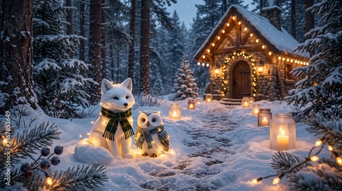 Cute arctic fox and owl in winter forest with cozy cabin