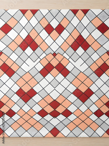 Red gray and peach diamond check mosaic pattern background for retro wallpaper and textile wrapping paper.