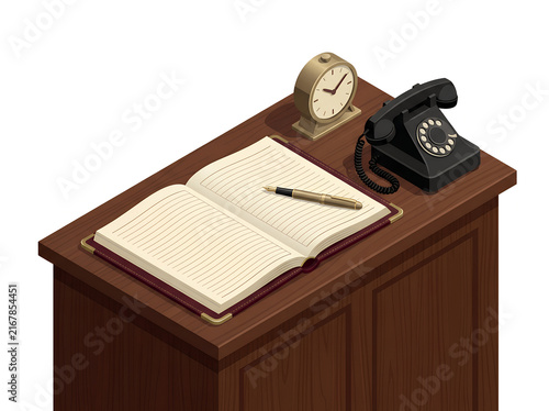 Isometric 3D Illustration of a Vintage Barbershop Appointment Desk with Rotary Phone, Ledger and Clock — Heritage Business Vector Illustration