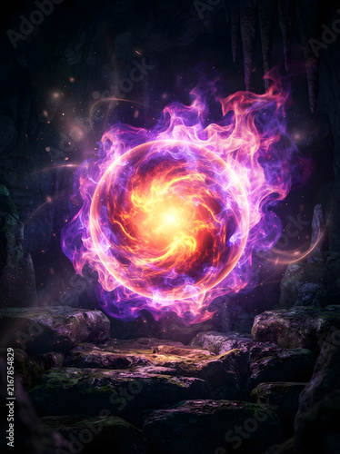 Glowing purple fire orb floats above dark cavernous rocks creating magical atmosphere for fantasy projects.