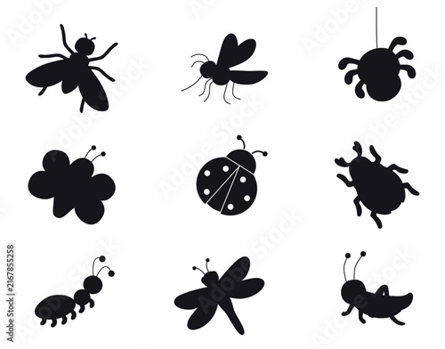 Insects Set. Black Silhouettes. Hand drawn illustrations for Kids. Bee, Ladybug, Mosquito, Fly, Ant, Bug, Spider, Dragonfly, Grasshopper. Cute Insects isolated on White Background. Vector Illustration