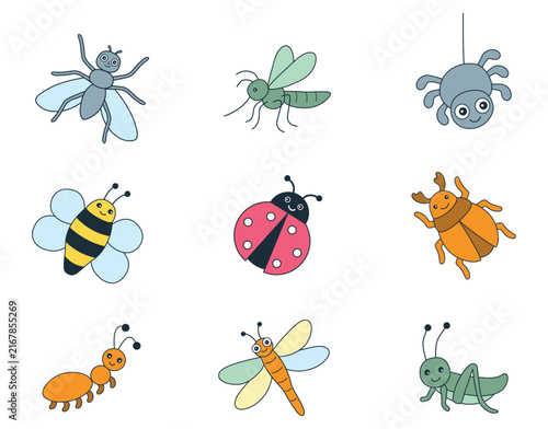 Insects Set. Hand drawn illustrations for Kids. Bee, Ladybug, Mosquito, Fly, Ant, Bug, Spider, Dragonfly, Grasshopper. Cute Insects isolated on White Background. Vector Illustration
