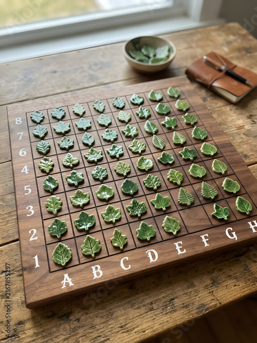 Wooden board game featuring ceramic green leaf playing pieces arranged on table with rustic notebook.
