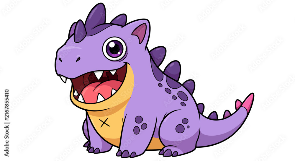 Fototapeta premium Playful purple cartoon dinosaur smiling with sharp teeth and spiky tail in a cheerful pose.