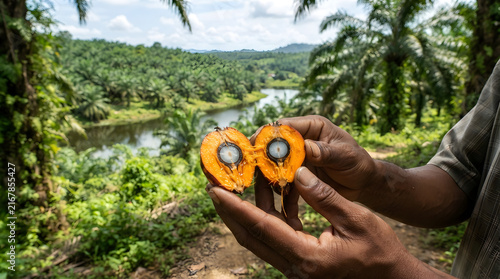 Fresh cut oil palm fruit held in hands against lush tropical plantation landscape suitable for agriculture ui.