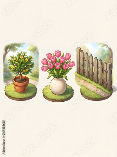 Garden element illustrations with flowering orange tree in clay pot pink tulips in vase and wooden fence.