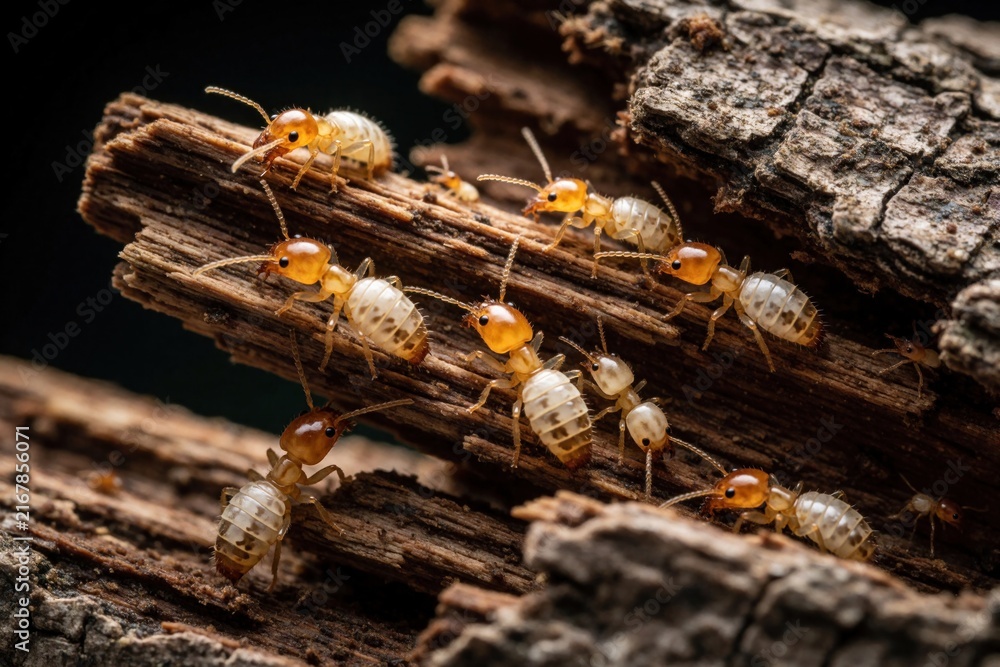 Naklejka premium Macro view of termites consuming aged wood. Small insects crawl on decaying timber, causing structural damage. Colony of pests gnaws wood material.