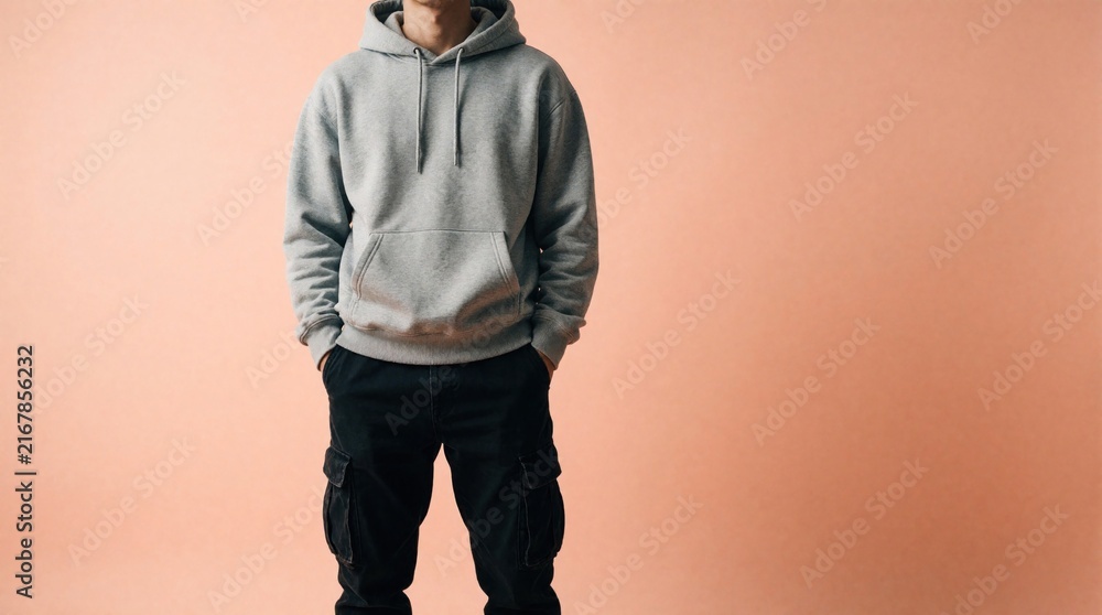 Fototapeta premium Young male model poses in grey hoodie, black cargo pants. Stylish guy stands against peach background wearing casual urban outfit. Person shows trendy streetwear clothing for youth fashion brand