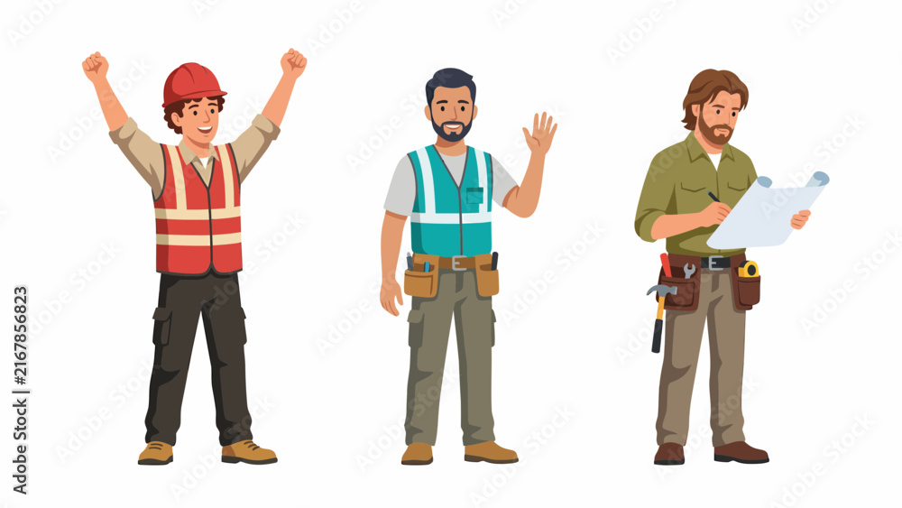 Fototapeta premium Three construction workers in uniform, one celebrating, one waving, and one reviewing blueprints on a white background.