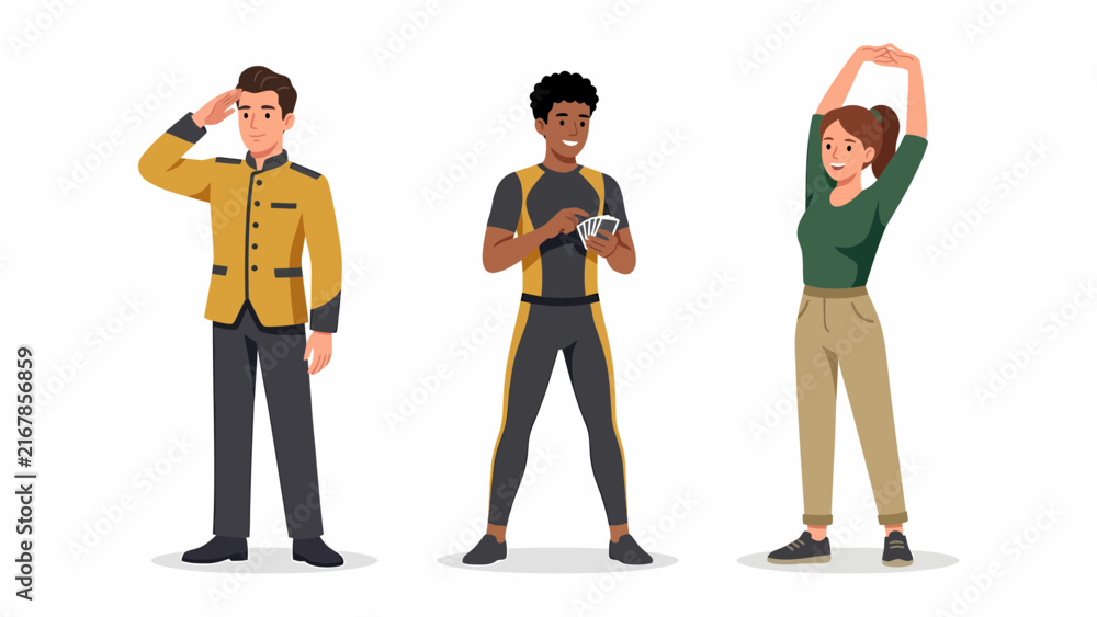 Obraz premium Three diverse people standing together, one in uniform, one in athletic wear, and one in casual clothes, representing different professions and lifestyles.