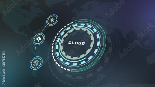 Futuristic cloud computing concept with secure data storage, virtual servers, scalable infrastructure, online services and connected enterprise technology.