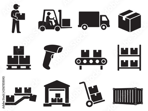 Set of black silhouette icons illustrating logistics freight and warehouse operations with logistics