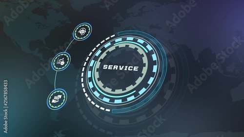 Futuristic digital service management concept with connected customer solutions, online assistance, workflow systems and global business technology.