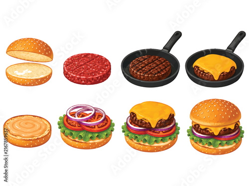 Step by step vector illustration of preparing a delicious cheeseburger with all ingredients